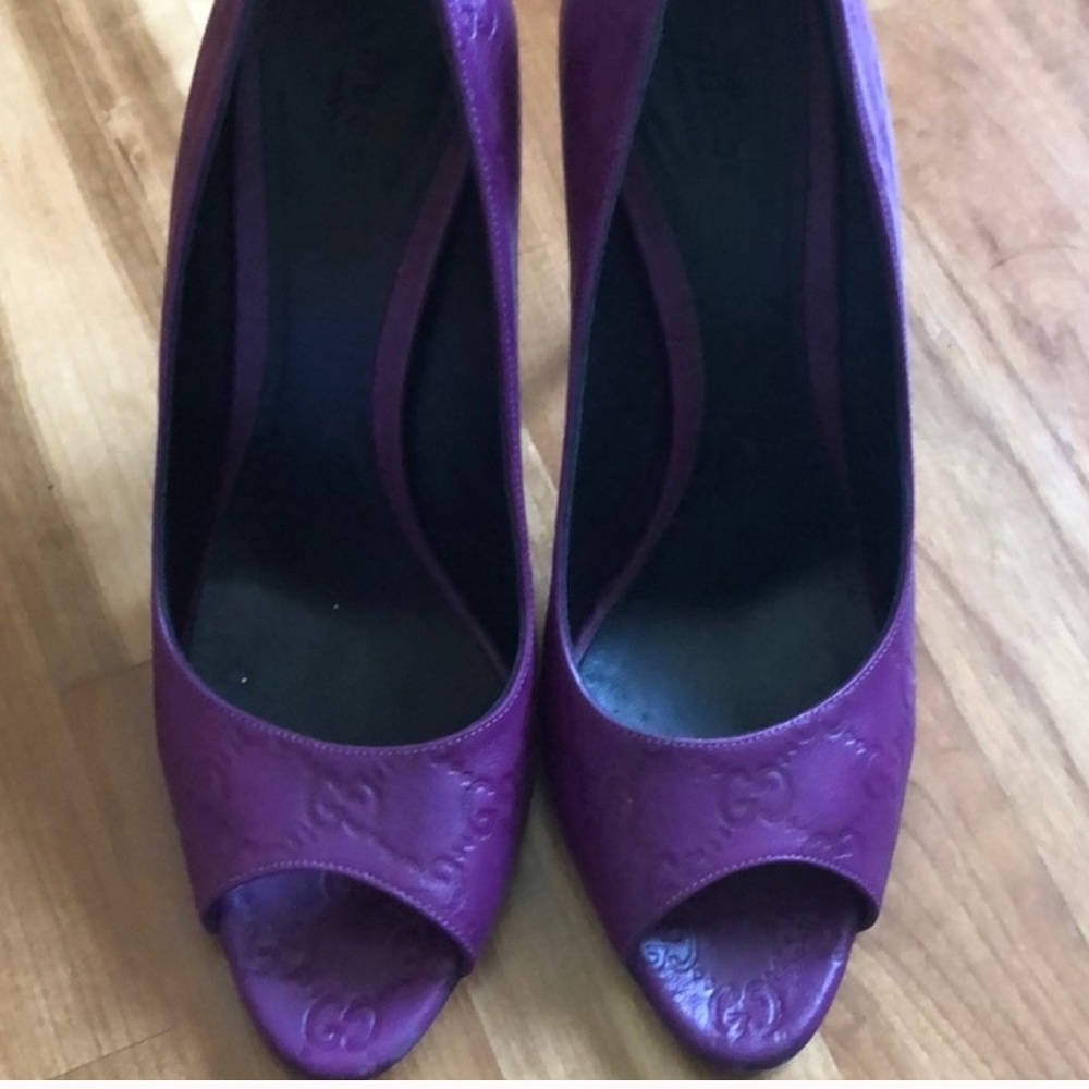 Gucci Purple Embossed Peep-Toe Heels